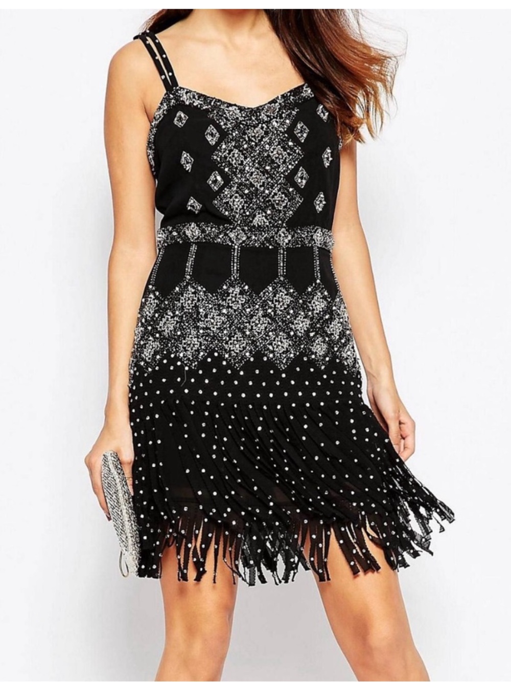 French Connection Women’s US 4 Diamond Fringe Statement Party Evening Dress